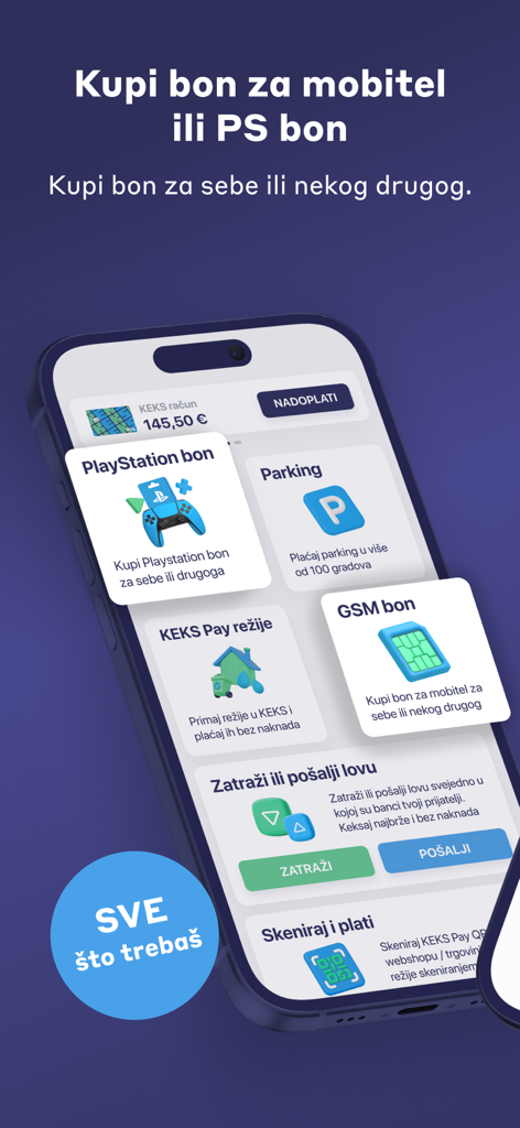 KEKS Pay - Interfaz de la aplicación móvil KEKS Pay que muestra opciones para vales de PlayStation, facturas de servicios públicos de estacionamiento y transferencias de dinero entre pares