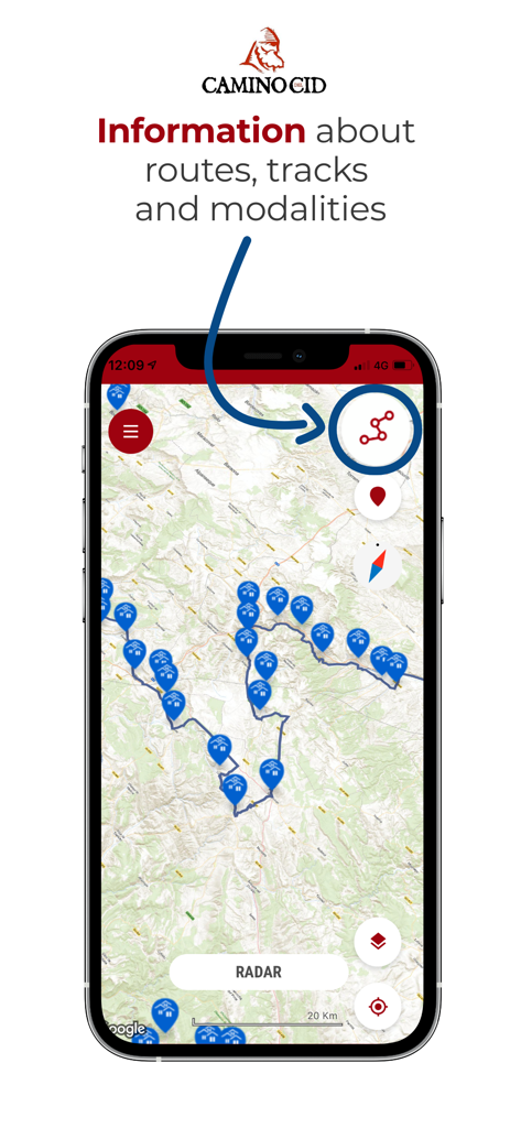 Camino del Cid App zeigt eine geografische Karte mit historischen Routen und Wegmarkierungen