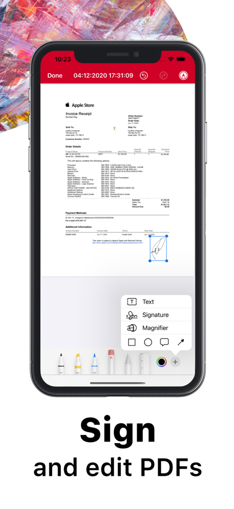 ScanPlus app interface on an iPhone showing a digital signature and editing tools on a scanned document