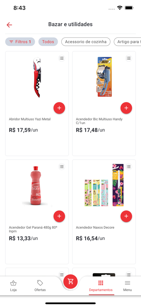 Mega em casa - Mega em casa mobile app interface showing a product catalog for household utilities with prices and add to cart buttons.