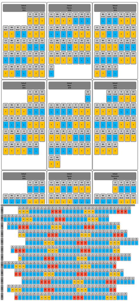 Shift Cal - CuadraTurnos PRO - Annual overview of a work shift schedule showing color-coded shifts and days off