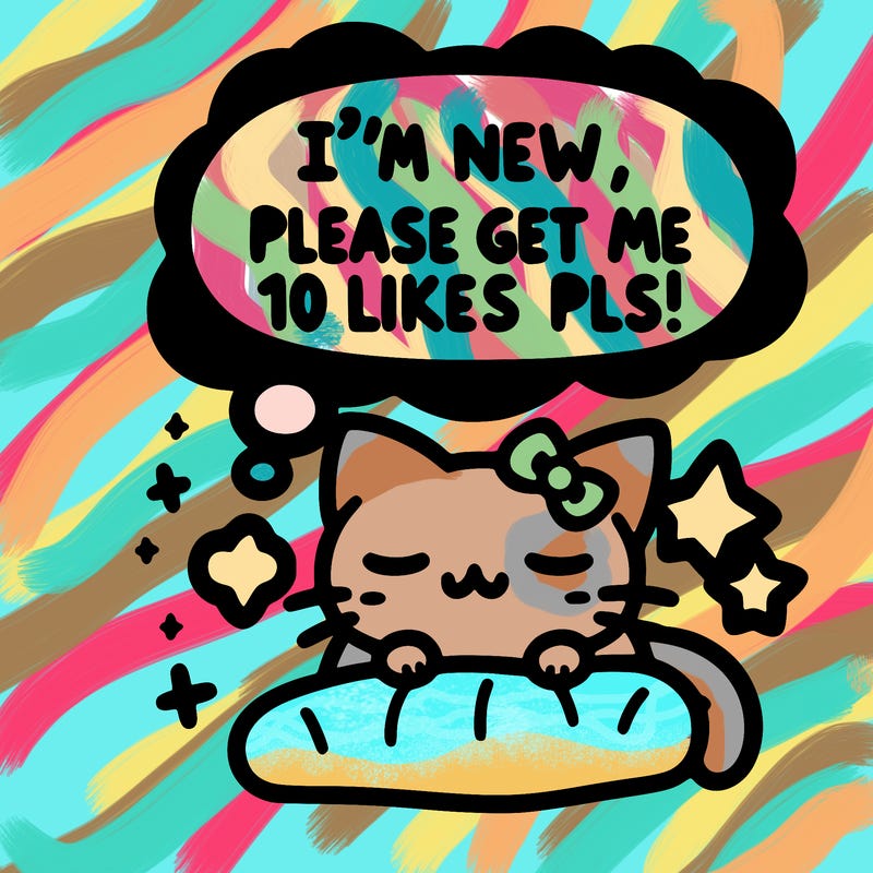 kitty taking a nap dream talking and saying "i'm new, please get me at least 10 likes pls!!"