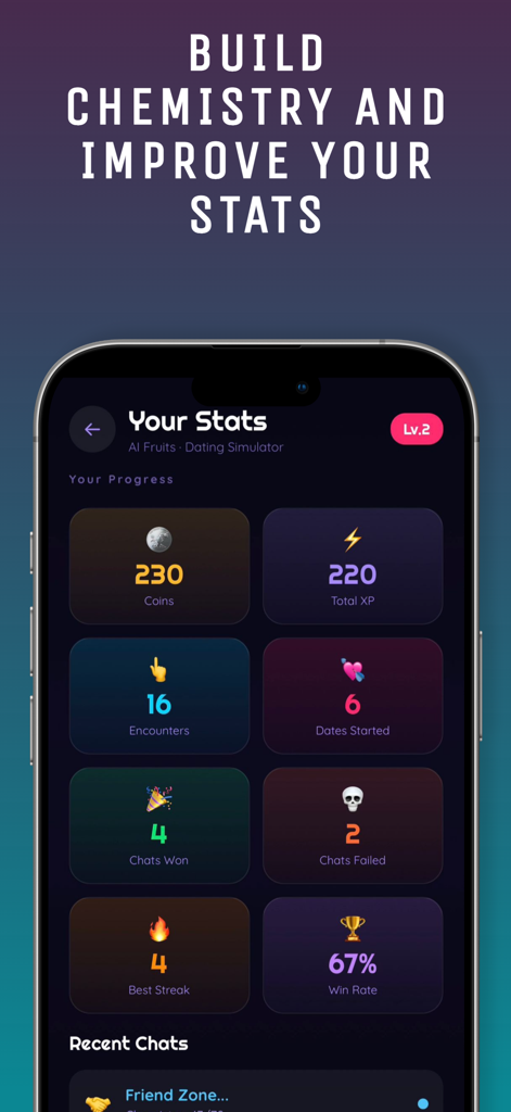 AI Fruits: Island Date - In-game statistics dashboard for AI Fruits Island Date showing player progress metrics like win rate and total XP