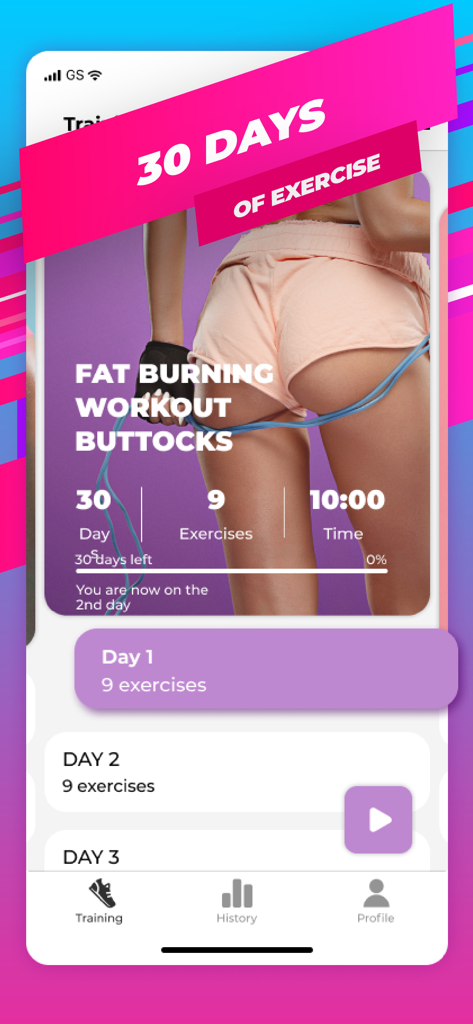 Buttocks Workout - Hips, Legs - App interface showing a 30 day fat burning workout plan for buttocks and legs with daily exercise lists.