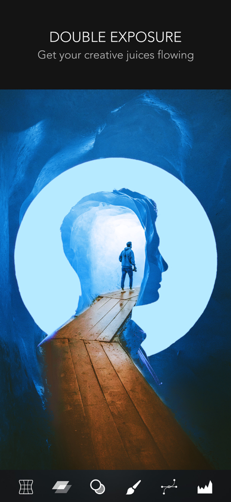 La función de doble exposición en la aplicación de edición de fotos PICSPLAY 2 mostrando una silueta y una superposición de paisaje