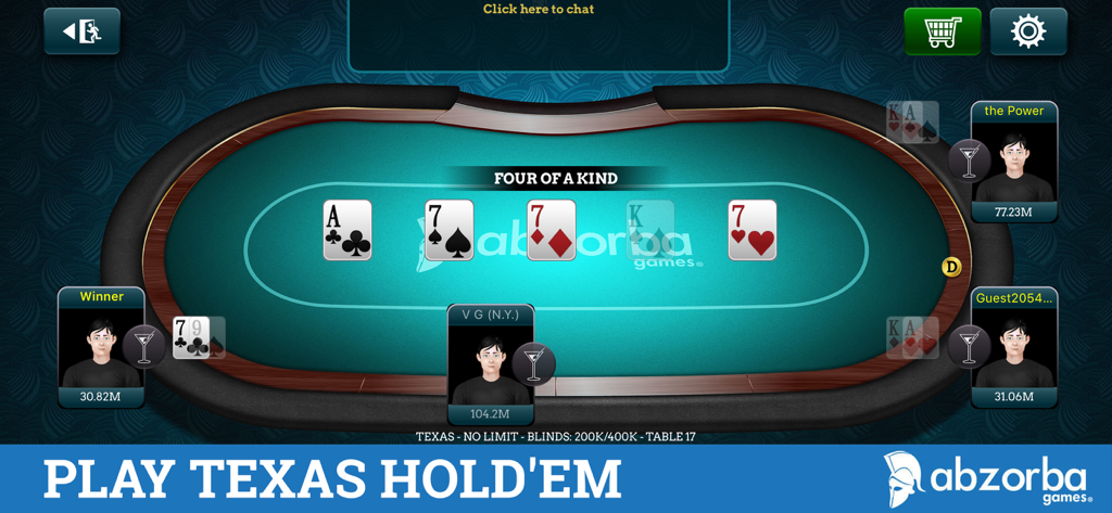 Uma mesa de poker Texas Holdem exibindo uma mão de quadra e avatares de jogadores