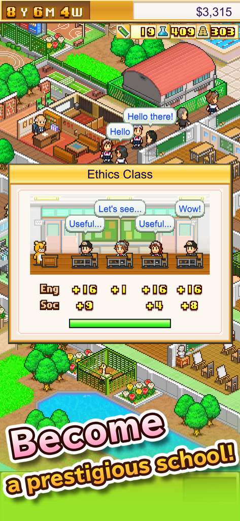 Pocket Academy ZERO - Pixel art school management gameplay showing an ethics class with students gaining stat boosts and a background of a school campus with a pond.
