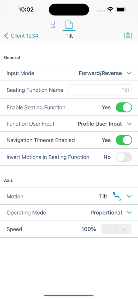 Interface for configuring wheelchair tilt seating functions and speed in the LiNX Access app.