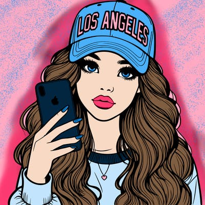 realistic beautiful girl wearing los ángeles cap holding an iphone