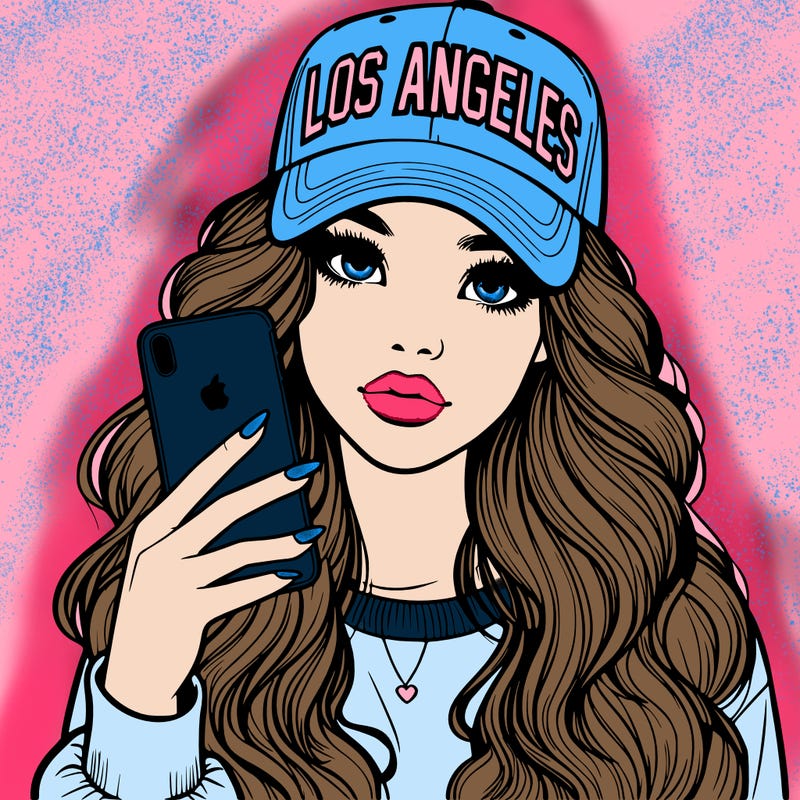 realistic beautiful girl wearing los ángeles cap holding an iphone