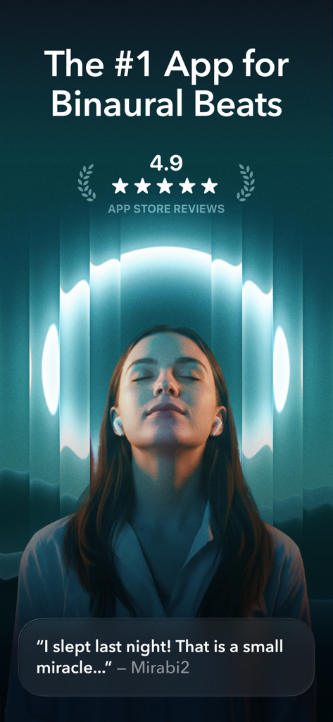 A woman meditating with earbuds and the top-rated Moongate binaural beats app interface.