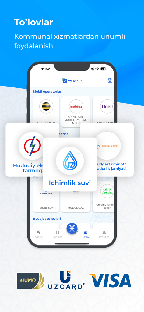 L'interface de l'application mobile MyGov montrant les options de paiement des services publics et des opérateurs mobiles en Ouzbékistan