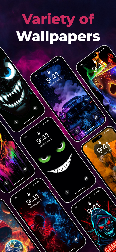 A display of vibrant 4K wallpapers for iPhone featuring neon characters and silly smiles