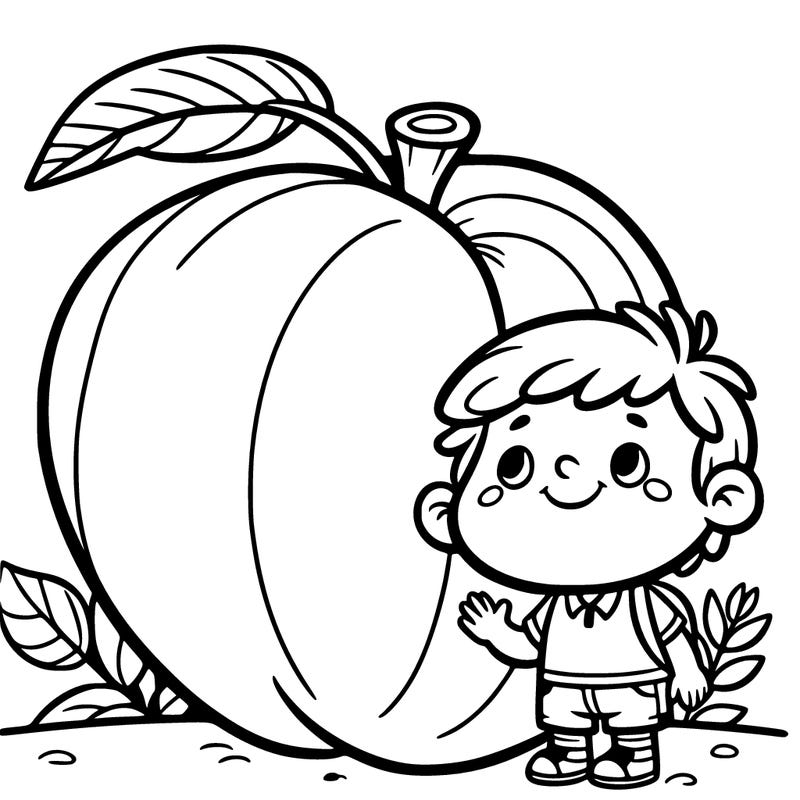 boy beside a giant peach