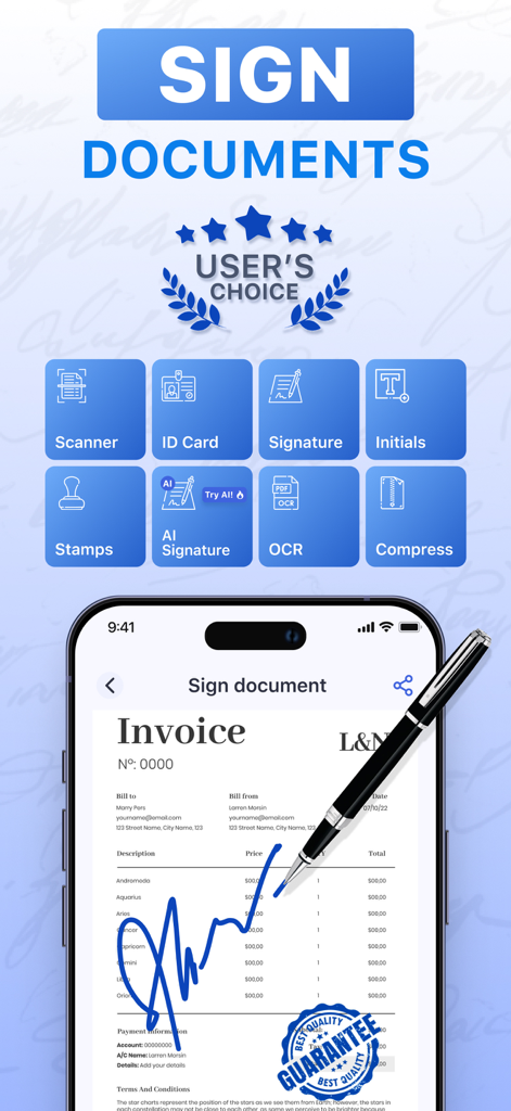 Interfaz de la aplicación eSign Digital Signature Maker mostrando herramientas de firma de documentos como escáner, firma IA y OCR en un dispositivo móvil.