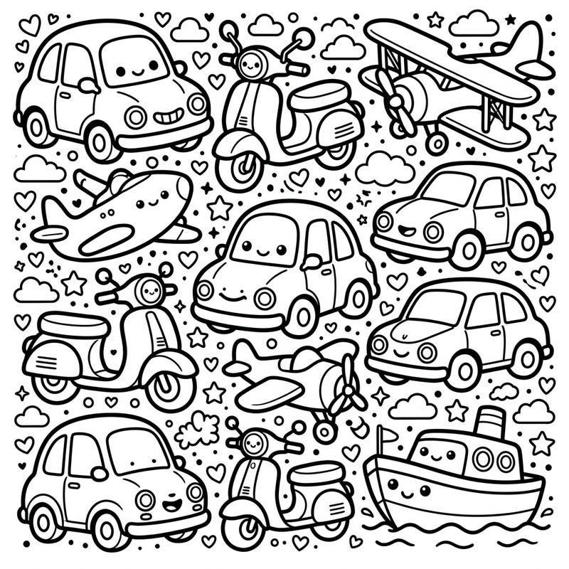 Embark on an adorable journey with this Kawaii Vehicles coloring page, featuring a playful assortment of cars, planes, scooters, and boats. Each charming character is ready for your creative touch, making it a perfect activity for kids and adults alike.