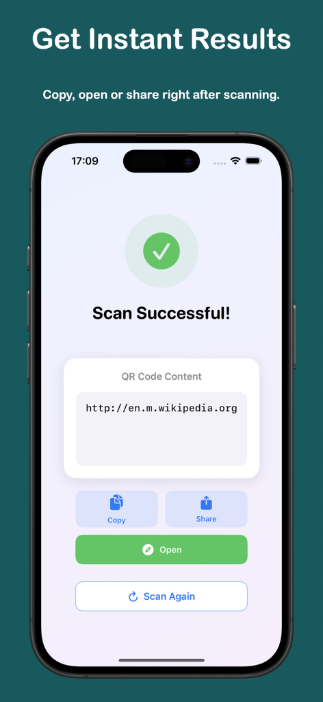 qr code reader & scanner + - Tela de resultado de digitalização de código QR bem-sucedida em um aplicativo móvel mostrando um URL da Wikipedia e botões de ação