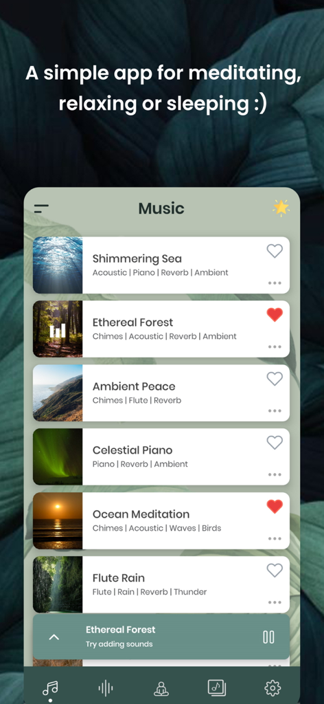 Meditation Music: Sleep Sounds - Meditation Music app interface displaying a list of relaxing tracks like Shimmering Sea and Ethereal Forest with nature-themed icons.
