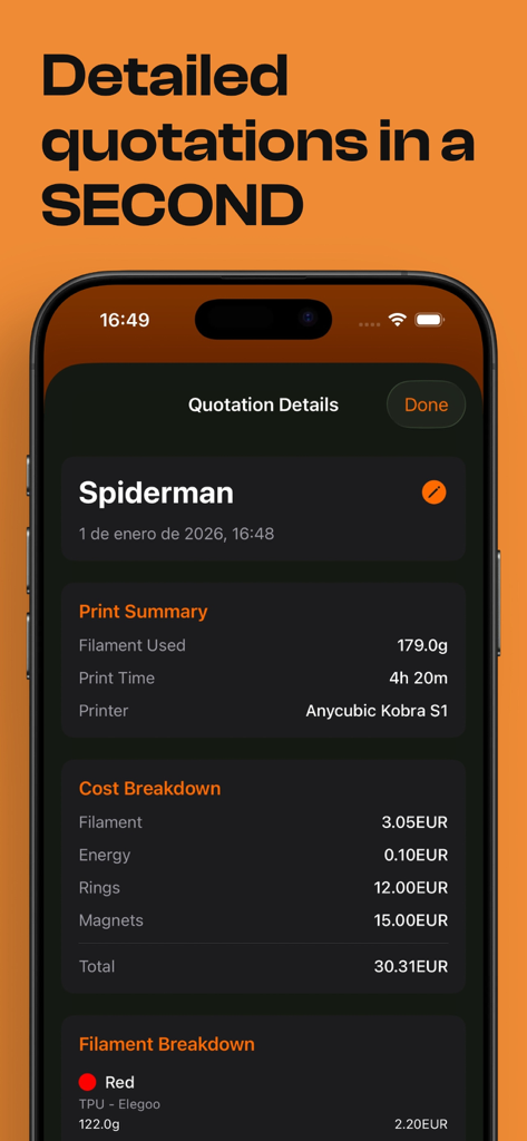 프로젝트에 대한 프린트 요약 및 비용 분석을 보여주는 3D 프린팅 비용 견적 화면