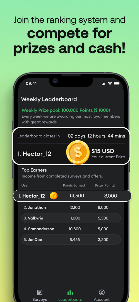 HeyCash app weekly leaderboard screen showing top earners and a cash prize pool.
