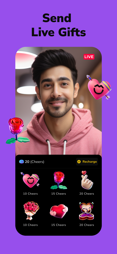 Moj: Video Live & Short Videos - Mojアプリの画面、クリエイターがライブストリーム中で、応援を使って仮想ギフトを送信するメニューが表示されている