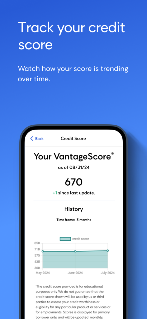 OneMain - VantageScore 670과 신용 기록 추세 그래프를 보여주는 OneMain Financial의 모바일 앱 화면.