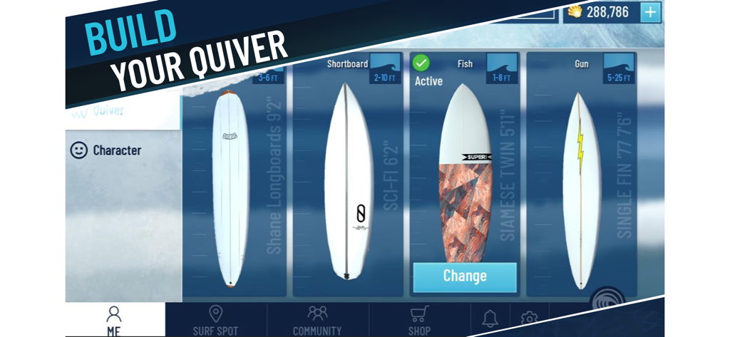 True Surf app screen showing a selection of different surfboards in the quiver menu