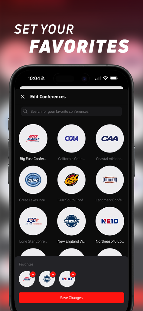 A mobile screen in the FloSports app showing a list of sports conferences with icons for users to select their favorites