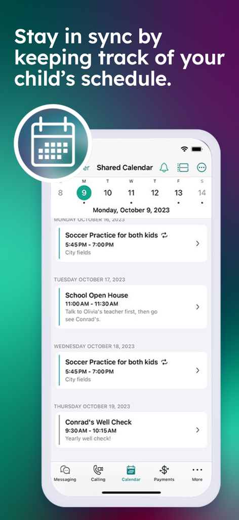 TalkingParents: Co-Parent App - TalkingParents app Shared Calendar screen displaying child schedules and appointments