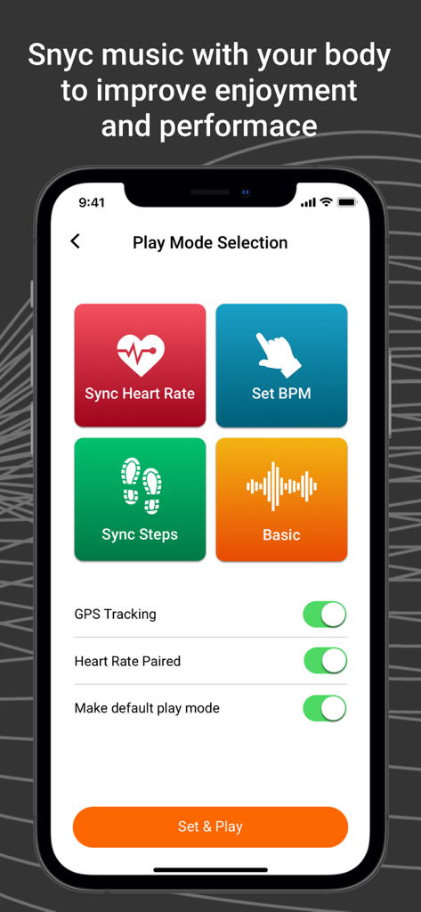 RockMyRun - Workout Music - RockMyRun app screen showing play mode selection with sync heart rate and sync steps options