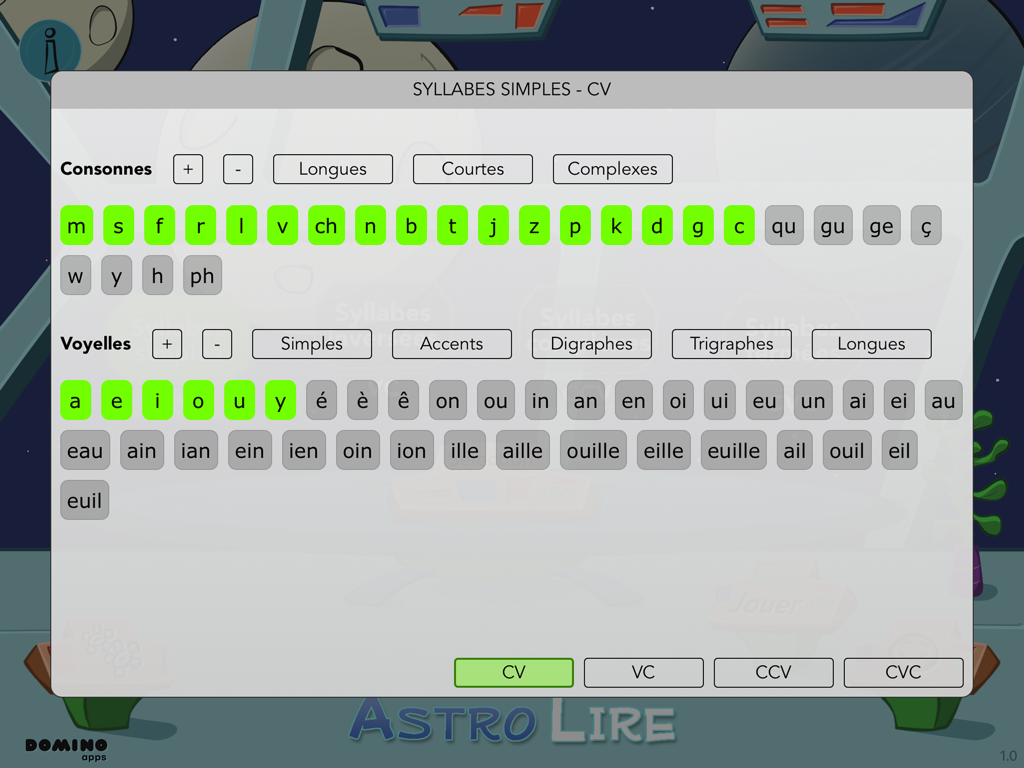 AstroLire - AstroLireアプリのインターフェース。フランス語の子音と母音を選択して音節読解練習を行うオプションが表示されます。