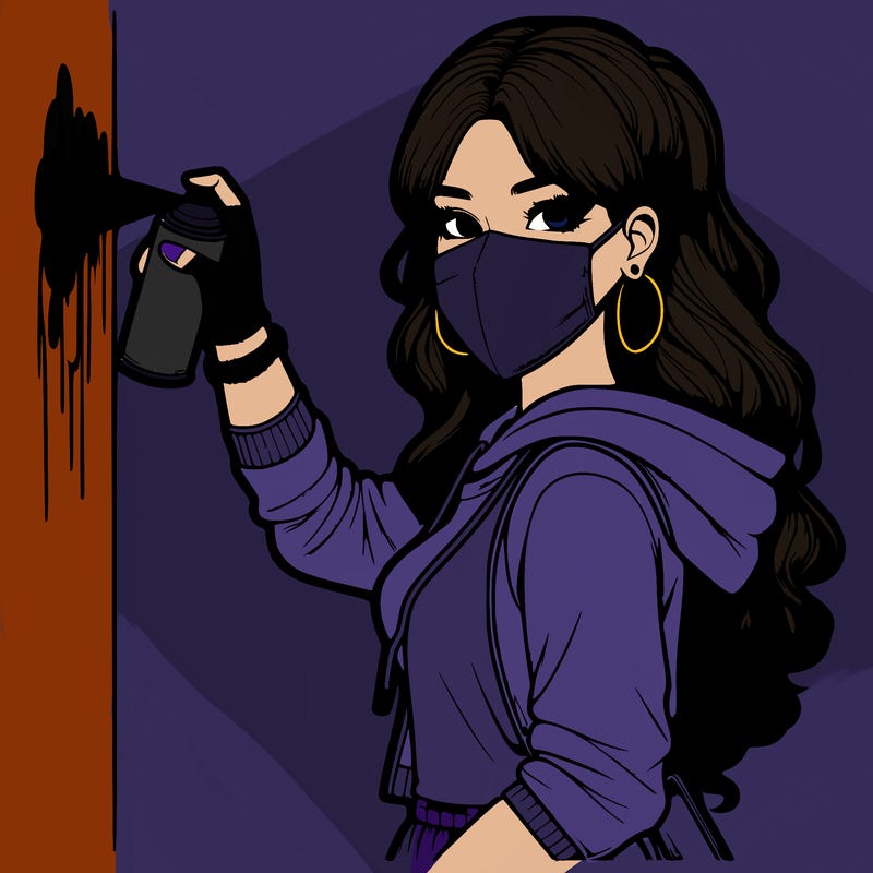 realistic girl with mask spray painting a wall