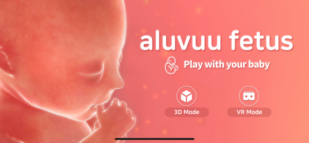 Aluvuu Fetus - Aluvuu Fetus app main screen featuring a 3D baby model with 3D and VR mode buttons