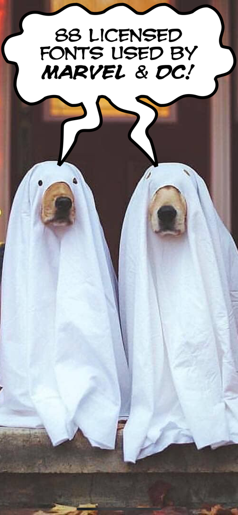 Comic Caption Meme Maker Lite - Two dogs in ghost costumes with a comic speech bubble showcasing licensed Marvel and DC fonts.