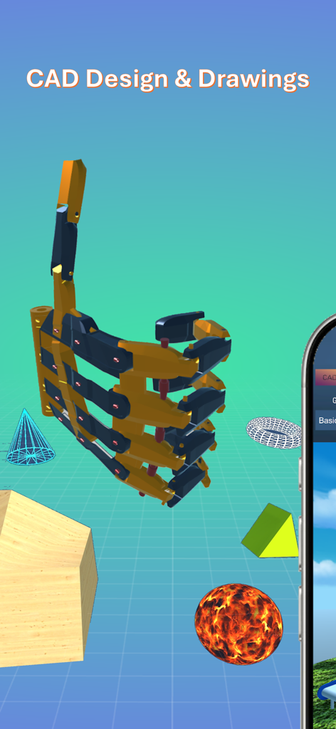 CAD Smart Modeling – 3D CAD - Interface of a 3D CAD app showing a robotic hand and geometric shapes