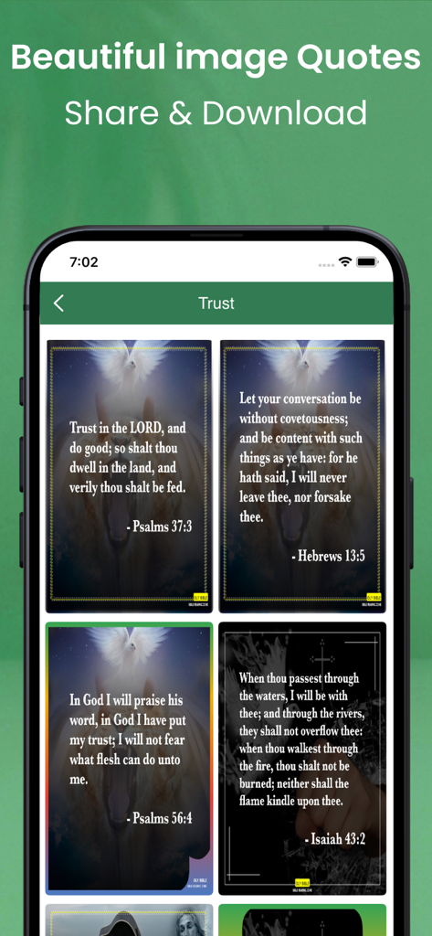 Uma tela do aplicativo bíblia para mulher mostrando uma galeria de citações estéticas de versículos bíblicos categorizadas sob o tema Confiança para compartilhar e baixar