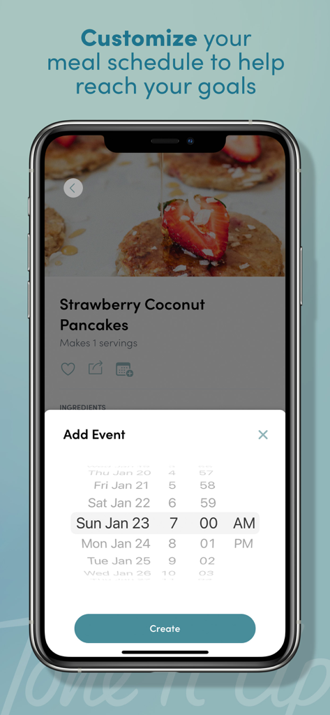 Interfaz de la aplicación Tone It Up para programar una receta de panqueques de fresa y coco.