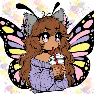 a realistic butterfly/furry girl drinking boba