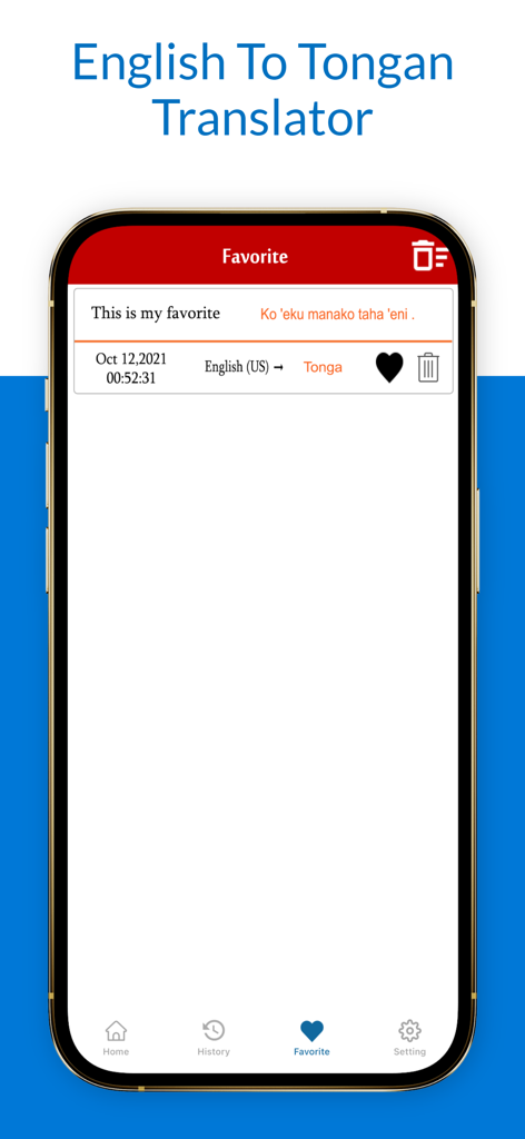 English To Tongan Translator - English to Tongan translator app favorites screen showing a saved translation phrase
