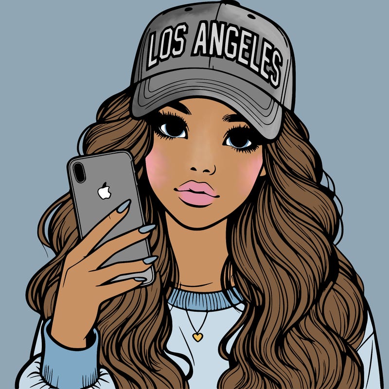realistic beautiful girl wearing los ángeles cap holding an iphone