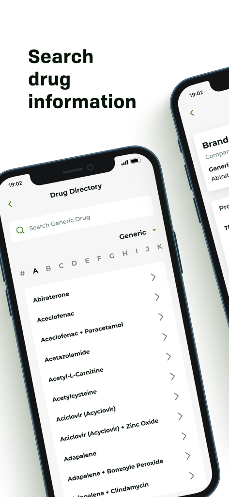 Schermata dello smartphone che mostra la funzione di ricerca della directory farmaceutica nell'app PPD Clinic.