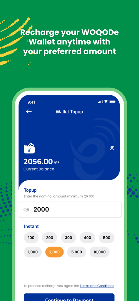 WOQOD mobile app wallet recharge interface showing current balance and top up payment options