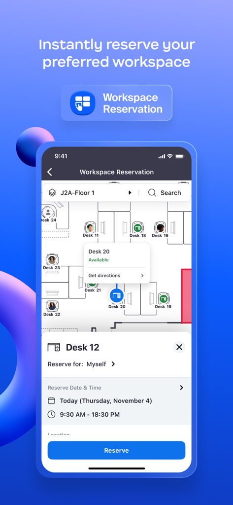 Zoom Workplace for Intune - Zoom Workplace for Intune의 모바일 인터페이스로 사무실 책 예약 및 작업 공간 예약 평면도 표시