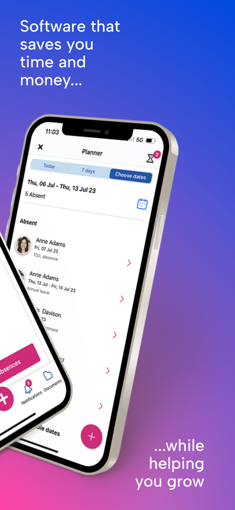 BrightHR - 従業員の勤怠プランナーと欠勤ログを表示するBrightHRモバイルアプリのインターフェース
