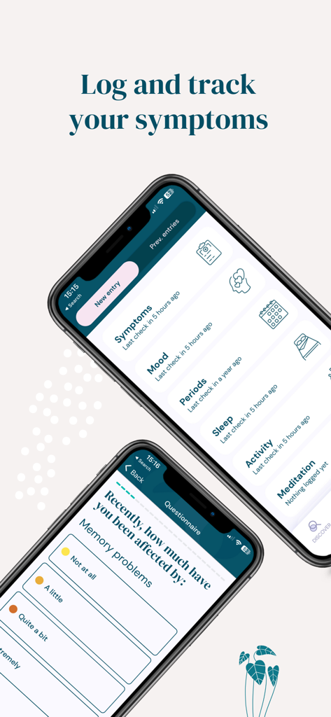 Smartphone screens showing the Balance app symptom tracker and a questionnaire for memory problems during menopause