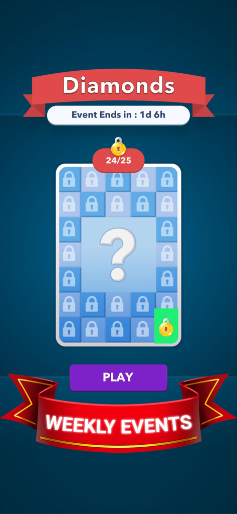Solitaire Guru: Card Game - Pantalla de la aplicación Solitario Maestro que muestra un evento semanal de diamantes con un rastreador de progreso y un botón de 'Jugar'