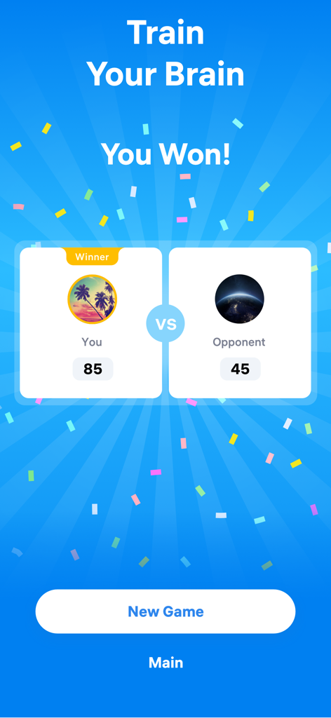 Easy Words - Word Puzzle Games - Easy Words 승리 화면, 플레이어가 85점으로 승리하고 '두뇌 훈련' 메시지를 보여줌