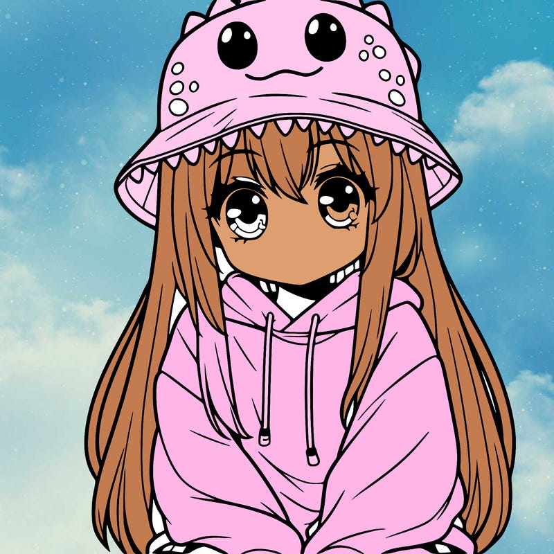 girl with anime shaped eyes with a dinosaur bucket hat oversized sweatshirt long straight hair