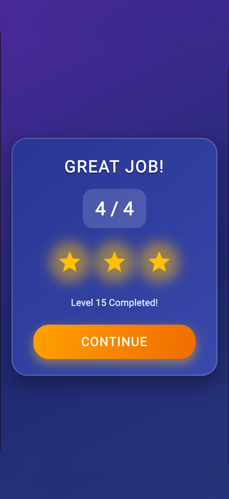 Level 15 completion screen in Robux Winner Quiz showing a perfect score of 4 out of 4 and 3 stars