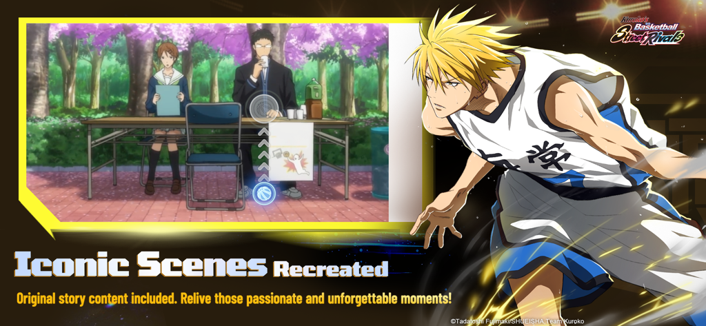A blonde anime basketball player in the foreground with iconic story scenes from the Kuroko's Basketball anime in the background.